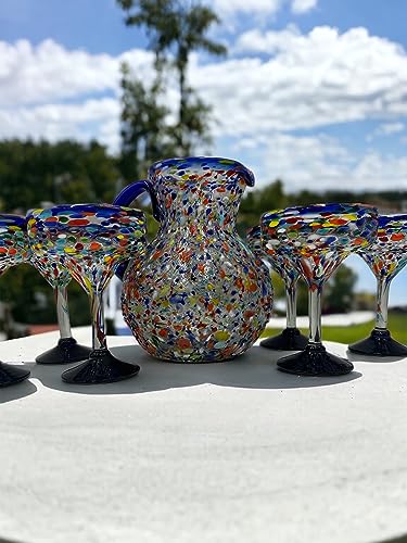 Blue Rim Handblown Mexican Glassware Set | 7-Piece Margarita Glasses and Textured Pitcher
