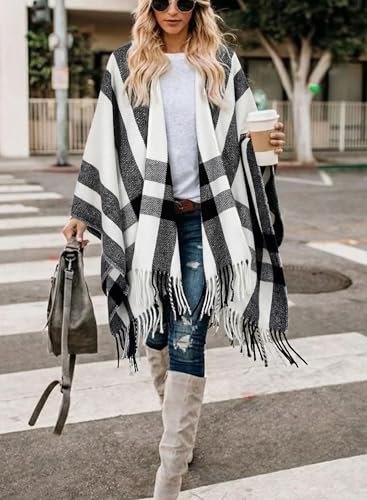 Image of Bestshe Women's Boho Open Front Poncho Plaid Shawl Wrap Cape | Tassel Cardigan Sweater, Cozy Layering, Fall Winter Clothes for Women