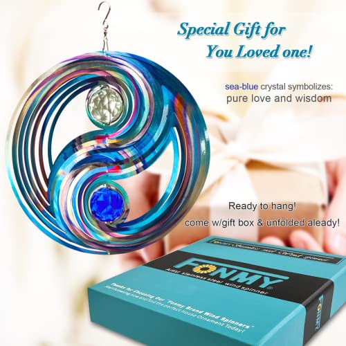 Fonmy Mandala Wind Spinner W/Crystal Ball-Fengshui 3D Stainless Steel Hanging Spinners Worth Gift Christmas Decoration Indoor/Outdoor Garden Décor Kinetic Yard Art 12 Inches Wind Sculpture #TOP1