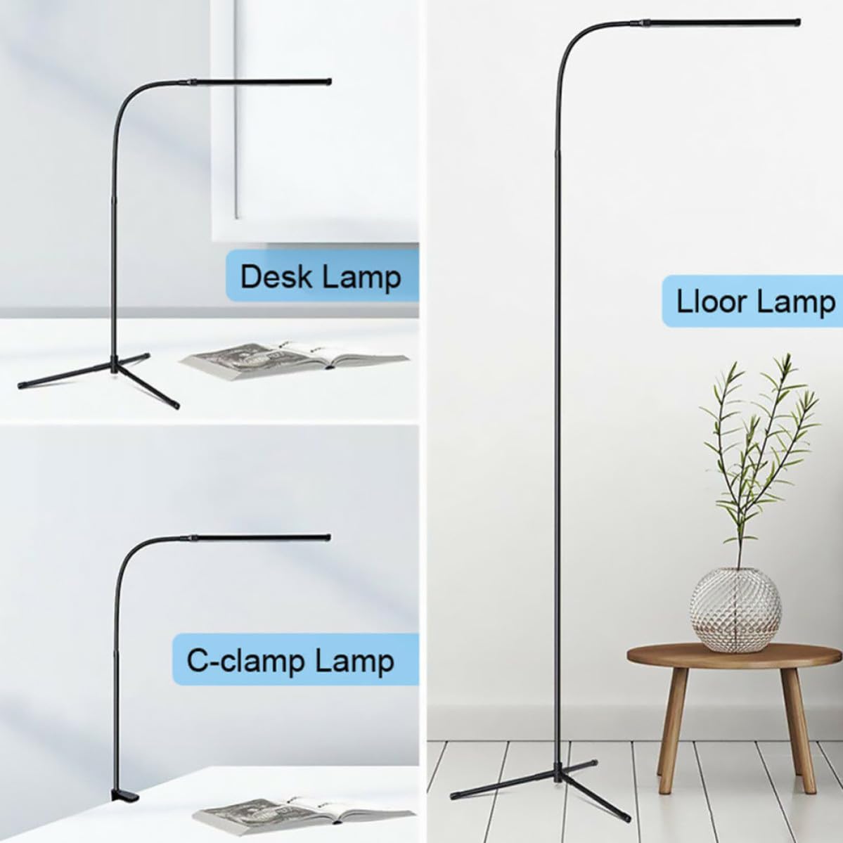 TOPBATHY Lampada da Terra LED a Collo di Cigno, Lampada da Lettura Dimmerabile in Alluminio e Ferro, Nera, Alimentazione Usb, con Clip, per Comodino e Lettura