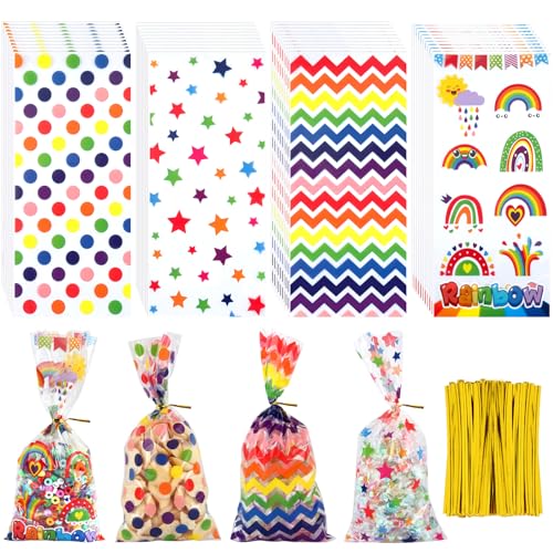 100 Piezas Bolsas Celofan, 27 x 12,5cm Bolsas Transparentes para Chuches con 120 Bandas de Metal, 4 Estilos Arco Iris Bolsitas Transparentes para Regalo, Galletas, Chocolate, Caramelos, Pan