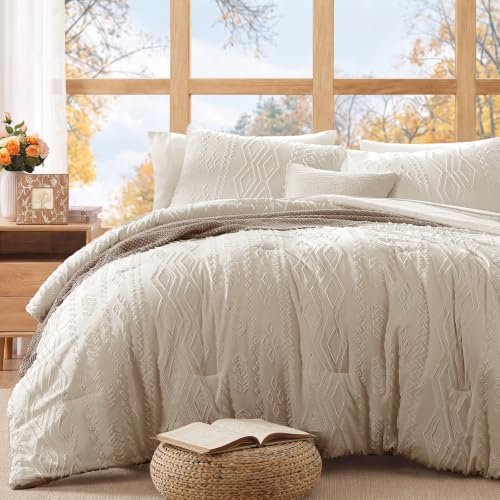 Image of WRENSONGE California King Size Comforter Set with Sheets - 7 Pieces Cream Tufted Bed in a Bag California King Shabby Chic Bedding Sets with 1 Comforter, 2 Sheets, 2 Pillowcases & 2 Shams