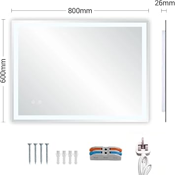 Clevich Bathroom Mirror with LED Lights 50x70/60x80/60x100cm, Anti-Fog, Wall Mounted Vanity Mirror with Memory, 3 Colour Dimmable, Touch Control, Explosion-Proof Glass, IP44 Waterproof (60L x 80W cm)
