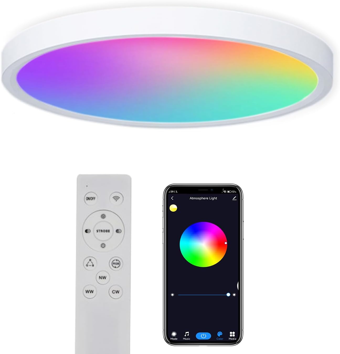 Luces de techo LED inteligentes RGBCW que cambian de color, funciona con Alexa Google Home, lámpara de techo empotrada de 24 W, programador de
