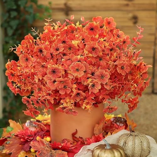 Image of TIED RIBBONS Set of 5 Artificial Eucalyptus Flower Bunch (Orange, 14.1 Inch) - for Vase Pot Home Decor, Living Room, Office, Wedding & Party Gifting Item (Vase not Included)