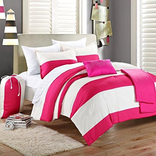 Reversible Girls Teen Dorm Comforter Bedding Bed in a Bag Set Hot Pink Ivory Pillow Blanket (full)