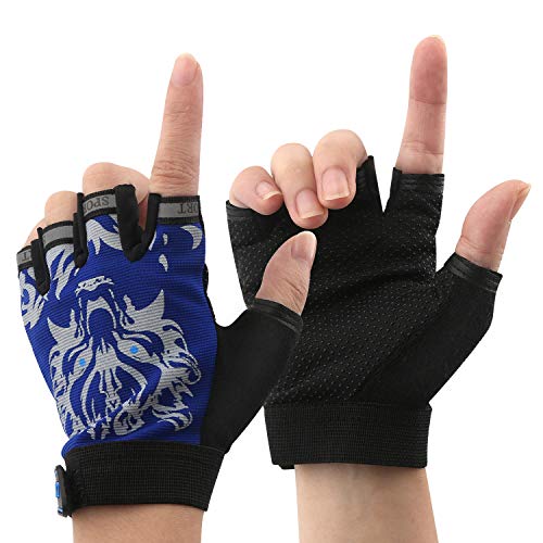 NATURE Ann Boy Girl Kid Child Children Half Finger Fingerless Short Shock-Absorbing No-Slip Pro Cycling Gloves Mitten for Cycling MTB Exercise Skate Skateboard Roller Skating Other Sports (Blue Wolf)