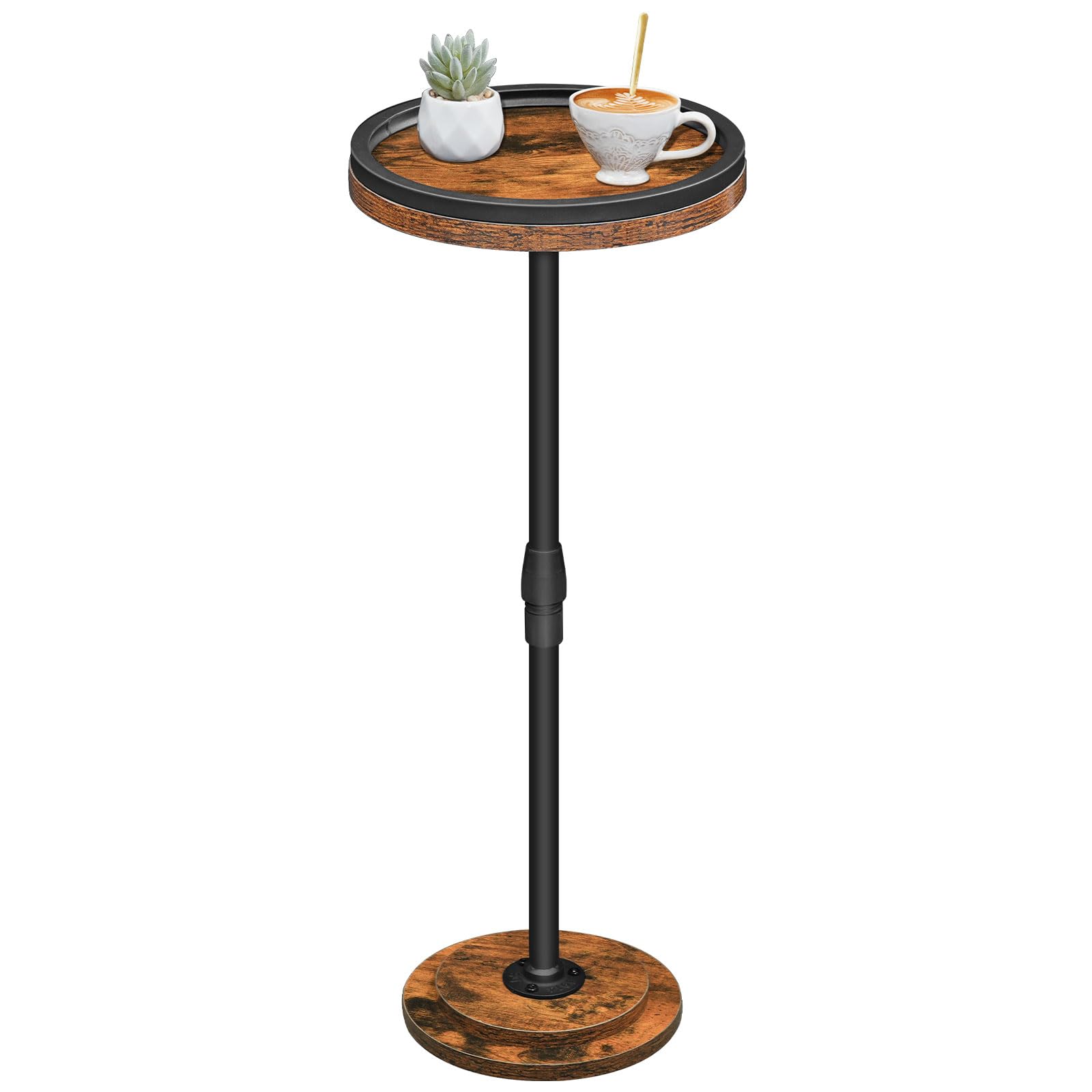 HOOBRO Round Side Table, Height Adjustable Bedside Table, Small Drink Table Sofa Table with Pedestal, Pedestal Side Table for Small Spaces in Living Room, Bedroom, Rustic Brown and Black EBF268BZ01