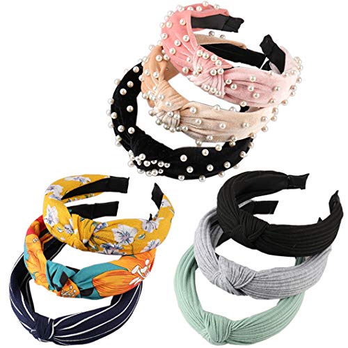 9 Pack Headbands Set -Messen Fashion Velvet Wide Hairband with Pearl Knitted Floral Fabric Cute Elegant Vintage Cross Knot Turban Elastic Hair Hoop Headwrap for Women Girls Hair Accessories