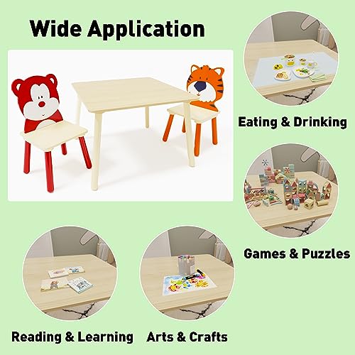 Image of Wood Table & Chairs 3 Pieces Set, Boys Girls Activity Table w / 2 Animal Shaped Chairs, Solid Wood Legs, Safe Rounded Corners, Playroom Furniture for Boys & Girls Activity Dining Drawing Craft.