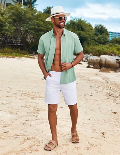 Image of COOFANDY Mens Cuban Guayabera Shirt Short Sleeve Button Down Shirts Summer Beach Vacation Shirts