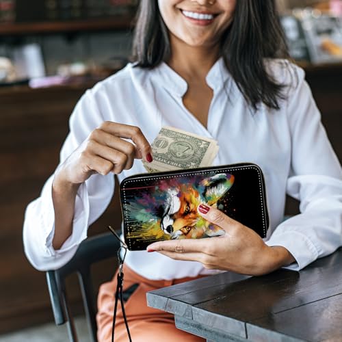 Image of Women's Wallets,Credit Card Holder Money Leather Long Wallet with Wristlet,Large Capacity with Zip-Around Phone Purse for Women Ladies Girls,Colorful Fox