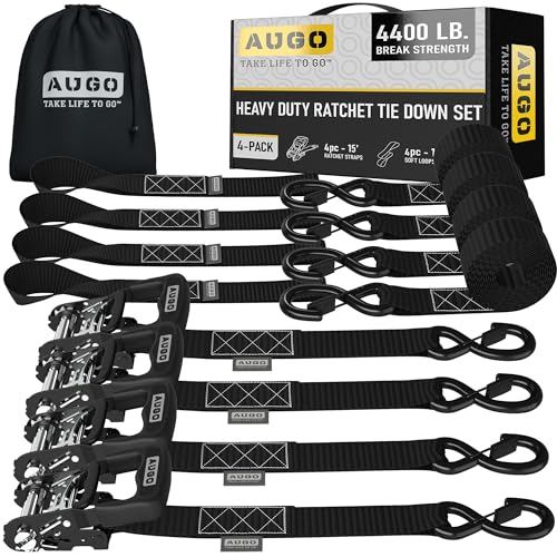 Image of AUGO Heavy Duty Ratchet Straps & Soft Loops - Pack of 4 Extra Strong 1.5 inch by 15' Ratchet Straps w /S-Hook Safety Latches & 4 Soft Loop Tie Downs - 4400Lb Break Strength for Motorcycles, ATVs, Etc.