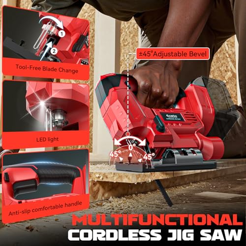 Image of Ecarke Cordless Jig Saw Compatible With Milwaukee 18V Battery, 4 Orbital Sets, 6 Variable Speeds Control, Dust-Blowing, ±45 Bevel Cuts, LED Light & 6PCS Blades for Straight Curve Cutting, Tool Only