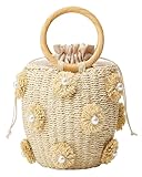 Summer Straw Bag for Women Pearl Flower Bucket Tote Bag Diamond Handbag Hand Woven Rattan Shell Purse Drawstring