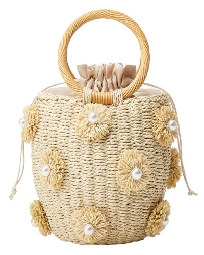 Image of Summer Straw Bag for Women Pearl Flower Bucket Tote Bag Diamond Handbag Hand Woven Rattan Shell Purse Drawstring