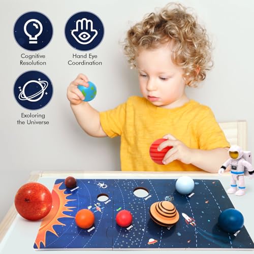 Wooden Solar System Model Board with Sun Stress Ball Astronauts Planet Flash Card Educational Montessori Toys Space Sensory Toys STEM Kits Christmas Birthday Gift for Kids Ages 3-8 by FUNCREVITY - Used condition - Image 3