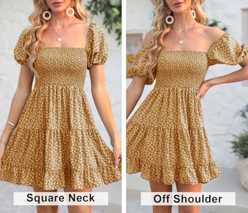 Image of Veatzaer Women's Puff Sleeve Square Neck Smocked Babydoll Dress Boho Floral Print Off Shoulder Ruffle Mini Short Dress