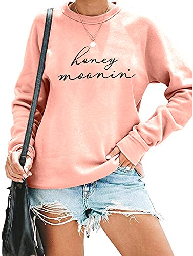 Honeymoon Sweatshirt Women Funny Honeymoonin Shirts Bride Vacation Tee Tops Casual Fall Long Sleeve Pullover Sweatshirt (S, Pink)