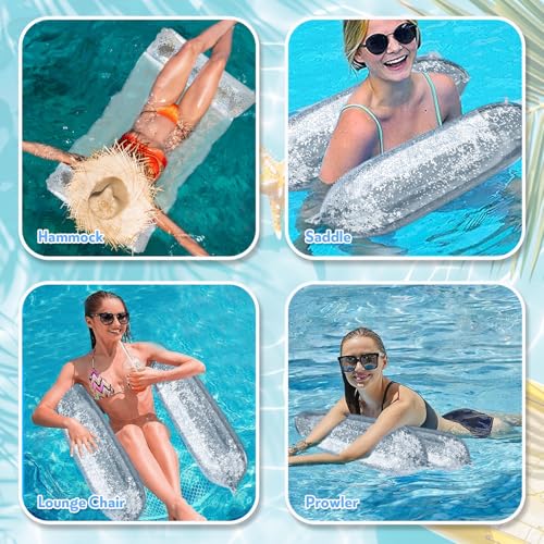 4 Stück Aufblasbares Schwimmbett, Pailletten Aufblasbare Wasserhängematte mit Schwimmring Wasserball Pumpe,4-in-1-Multifunktions Pool Luftmatratze für See Strand Schwimmbad Wasserspaß