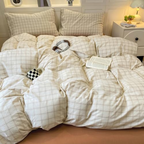 Image of PinkMemory Beige Gingham Duvet Cover Bedding Queen 100% Washed Cotton Vintage Plaid Duvet Cover Set Full 3pcs Checkered Grid Bedding Set with Zipper Closure Corner Ties,Soft Breathable