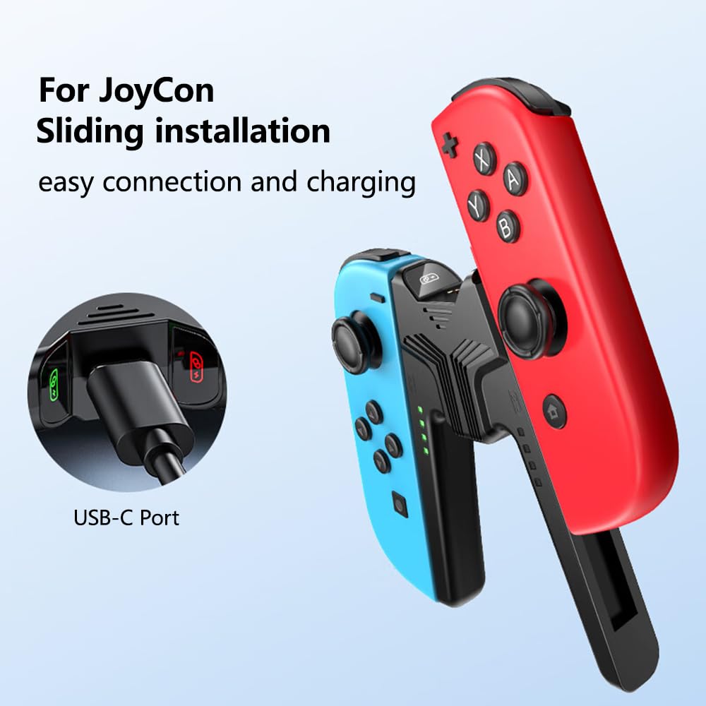RREAKA Charging Grip Handle for Nintendo Switch/OLED for Joy Con, Joystick Charging Comfort V-Shaped Game for joycon Grip Controller with Battery Indicators, for Joy-Con Charger Grip USB C Cable