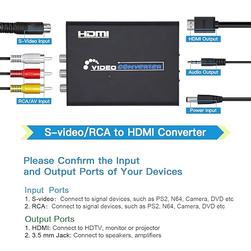 Image of RCA S-Video to HDMI Converter with RCA + S-Video Cables, R C A Composite CVBS AV or Svideo + R /L Audio Input to HDMI Output Upscale Converter
