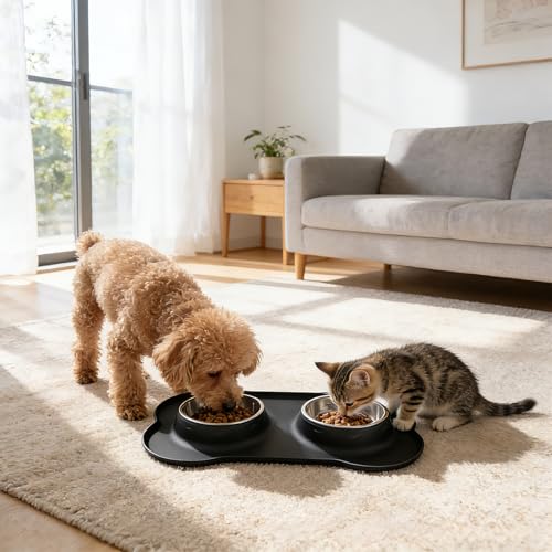 Futternapf Hunde Katzen, Fressnapf Hundenapf Kleine Hunde Napfset, Edelstahl Katzenapf Wassernapf Hund mit Nicht Kleckern, mit 1 Hundenapf Unterlage Rutschfest Silikon Tablett Matte( S 36 x 21 cm)