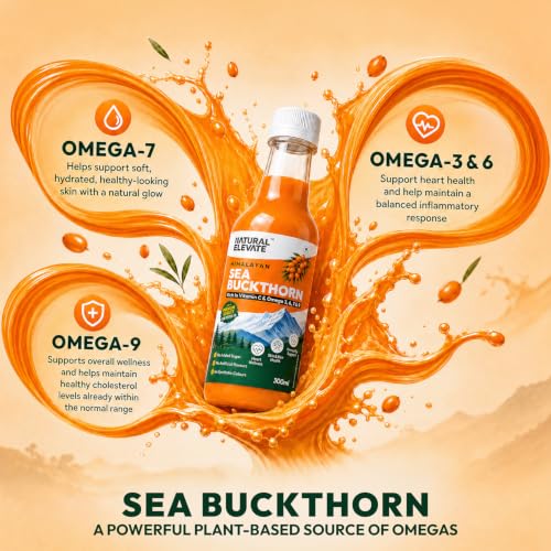 Image of Natural Elevate Pure Himalayan Sea Buckthorn Juice 300ml | Cold-Pressed Sea Buckthorn Pulp Concentrate | Rich in Omega 3, 6, 7 & 9 + Vitamin C | Antioxidant-Rich Nutraceutical | Supports Immunity, Skin, Heart & Gut Health | No Added Sugar | Lab Tested