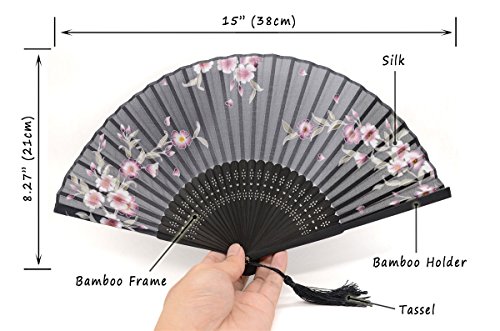 OMyTea Hand Held Silk Folding Fans with Bamboo Frame - with a Fabric Sleeve for Protection for Gifts - 100% Handmade Oriental Chinese/Japanese Vintage Retro Style - for Women Ladys Girls (Black)