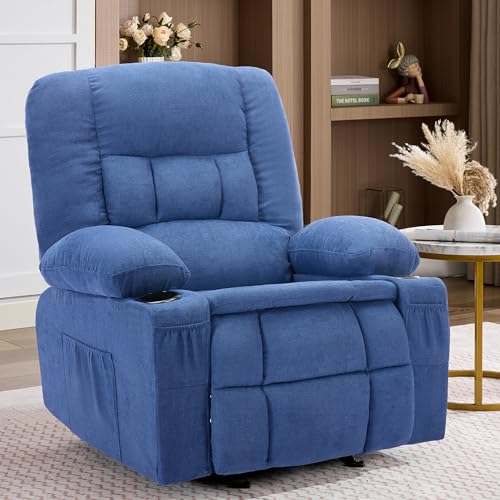 Rocker Recliner Chair with Massage and Heat, Nursery Rocking Chairs for Living Room, Ergonomic Comfy Relining Chair with Cup Holders, USB Charge Port, Side Pockets, Manual Recliner Chairs, Blue