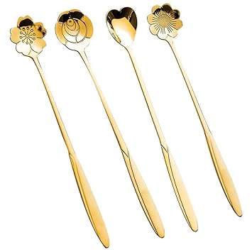 Golden Spoon Set/Coffee Spoon/Dessert Spoons/Cutlery Kitchen Tableware/Stainless Steel Gold Different Shape Coffee Spoons Flower Shape Coffee Spoon (4 Pcs) (Gold)