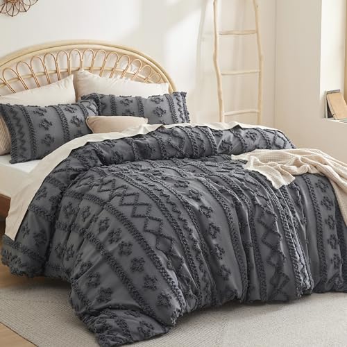 Image of Bedsure Boho Duvet Cover Queen Size, Soft & Comfortable Elegant Design Boho Bedding for Decoration, Machine Washable Comforter Cover for All Seasons,Includes 1 Duvet Cover & 2 Pillow Shams,Dark Grey