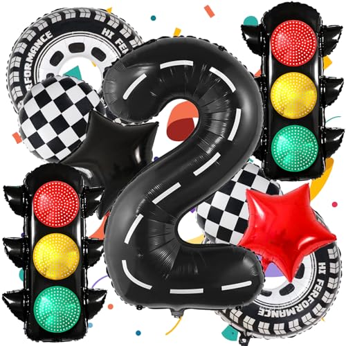 9 globos de coche de carreras, globo número 2 de 40 pulgadas, globos de semáforo, suministros de decoración de fiesta temática de coche de carreras de segundo cumpleaños (2º)