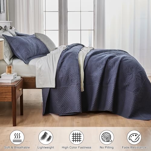 Qucover Oversized King Bedspread 128x120, Soft Microfiber King Size Bedspread Oversized, 3 Piece Ultrasonic Quilting Persian Pattern California King Quilt Set, Navy Blue