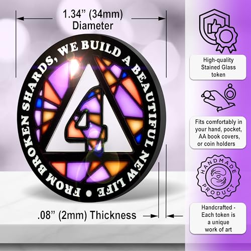 Image of Stained Glass 4 Year AA Chip Sobriety Coin Medallion, Fragments to Freedom Alcoholics Anonymous Addiction Recovery Anniversary Token, Inspirational Sober Gifts for Men and Women by the Token Shop
