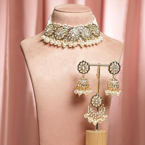 Image of Rubans Necklace Maangtikka Set Gold Plated Kundan & Pearl Jewellery Gift for Women & Girls