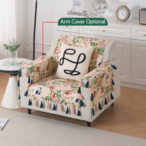 Image of HOKIPO Sofa Cover with Tassel for 1 Seater Sofa | Full Protection for Seat and Back | Printed Holland Velvet Fabric | 'Whispers of Nature' (160x60 cm), Beige Woodland Bloom (IN-1125-D4)