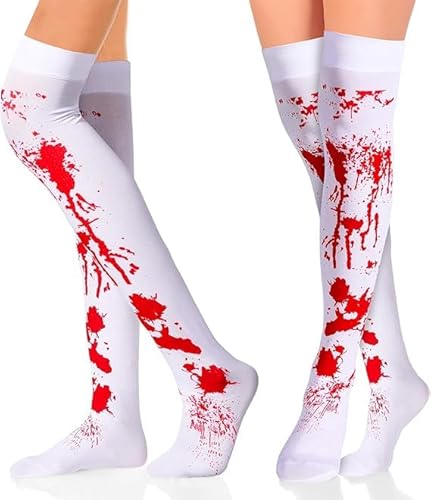YUZHEDM 2 Paar Halloween Blutige Socken Halloween Blut,Halloween Overknee Socken Blutiger Aufdruck, Oberschenkelhohe Halloween Blutsocken Over Kniesocken für Halloween Maskerade
