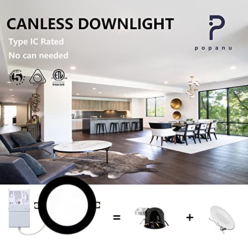 Popanu Led-Canless Downlight Recessed Lighting 6-Inch Ultra-Thin 5 Cct Adjustable Ceilling Light With Junction Box, 12W Color Temperature Selectable,2700-5000K Dimmable, 6 Pack, Black #TOP3