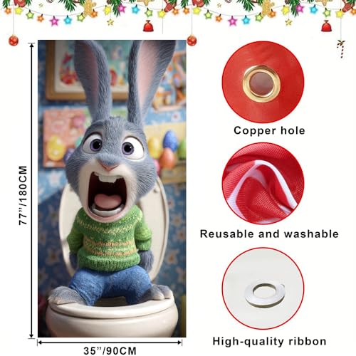 Image of Easter Door Cover 35.43 x 70.87 Inch Funny Bathroom Bunny with Expressive Face Colorful Egg Accents and Playful Interior Scene for Seasonal Door Decoration and Spring Holiday Display