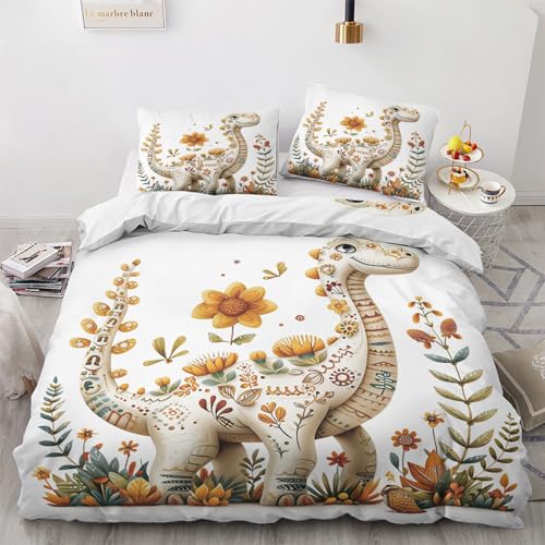 Funda Nordica Cama 105 Dinosaurio Juego de Ropa de Cama Cálido Transpirable Microfibra para Infantil Juvenil con Cremallera, 1 Funda Nórdica 200x220 cm + 2 Fundas de Almohada 50x75 cm