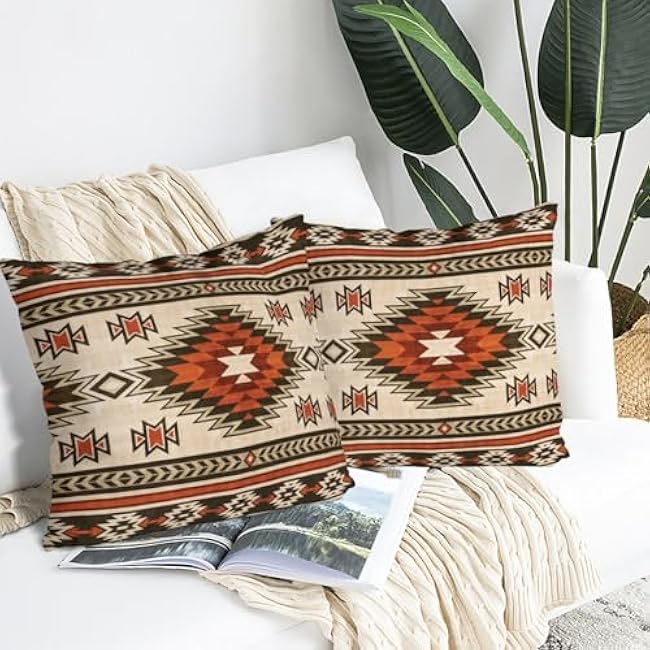 Western Aztec Burnt Orange Throw Pillow Covers 16x16 Set of 2, Native American Brown Square Pillowcase Decoration Cushion Case for Couch Sofa Bedroom Living Room Outdoor Decor