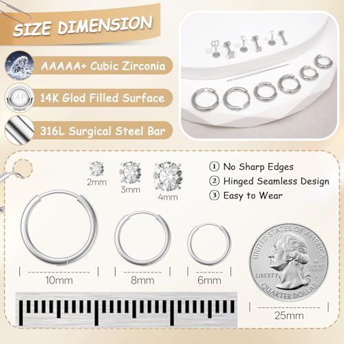 6 pair 14K Gold Filled Earrings Set for Women,Hypoallergenic Huggie Hoop Earrings Stacks Dainty Threadless Flat Back Stud Earrings for Multiple Piercing,Cartilage Trendy Earrings Jewelry Gifts CZ 2-4mm3