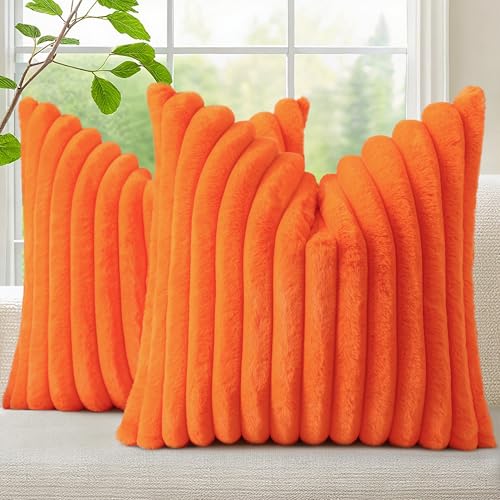 Image of decorUhome Fall Cozy Faux Fur Throw Pillow Covers 16x16 Set of 2 Decorative Soft Plush Striped Modern Farmhouse Boho Couch Pillow Cases with Velvet Back for Sofa Bed Living Room, Orange