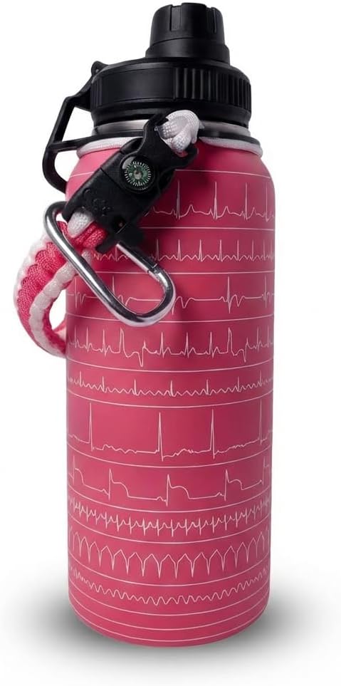 Paramedic Flash EKG Insulated Water Bottle - Durable Stainless Steel Bottle With 11 Cardiac Rhythm Engraved | Emt & Paramedic Gift For Medical Professionals | 32 Oz, Pink