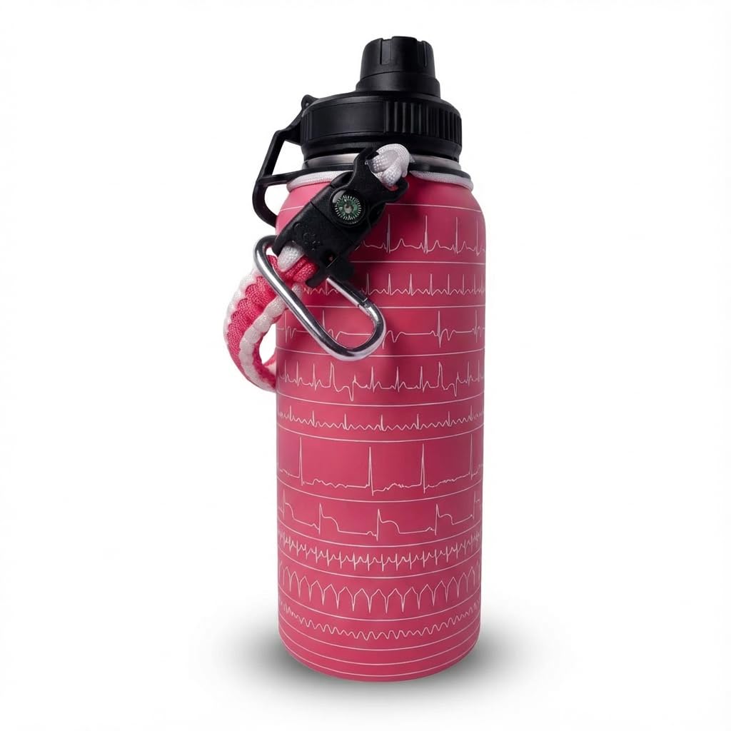EKG Water Bottle for EMT, Paramedic, & Nursing Students – EMT Gift - Paramedic Gift - 11 Cardiac Rhythms Engraved – Study Aid for EMT, NREMT & NCLEX Prep – Durable EKG Reference