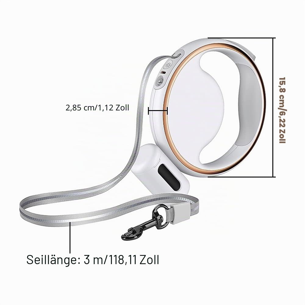 Einziehbare Hundeleine, 9,8 Fuß Längen Hunde Rollleine, 360 ° drehbar Abrollleine mit hellem LED-Licht und Hundekotbeutelspender für Haustiere bis 15 kg (Weiß)
