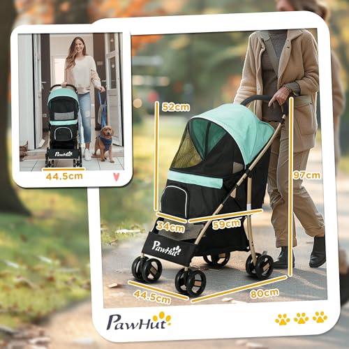 Pawhut Dog Stroller With Rain Cover, Foldable Dog Pram, 4 Wheels Pet Pushchair With Safety Leashes, For Small, Miniature Dogs, Cats - Green - 3