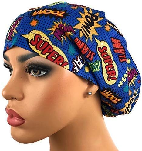 Blue Comics Adjustable Bouffant Scrub Hat Ponytail Cap Super Hero Words